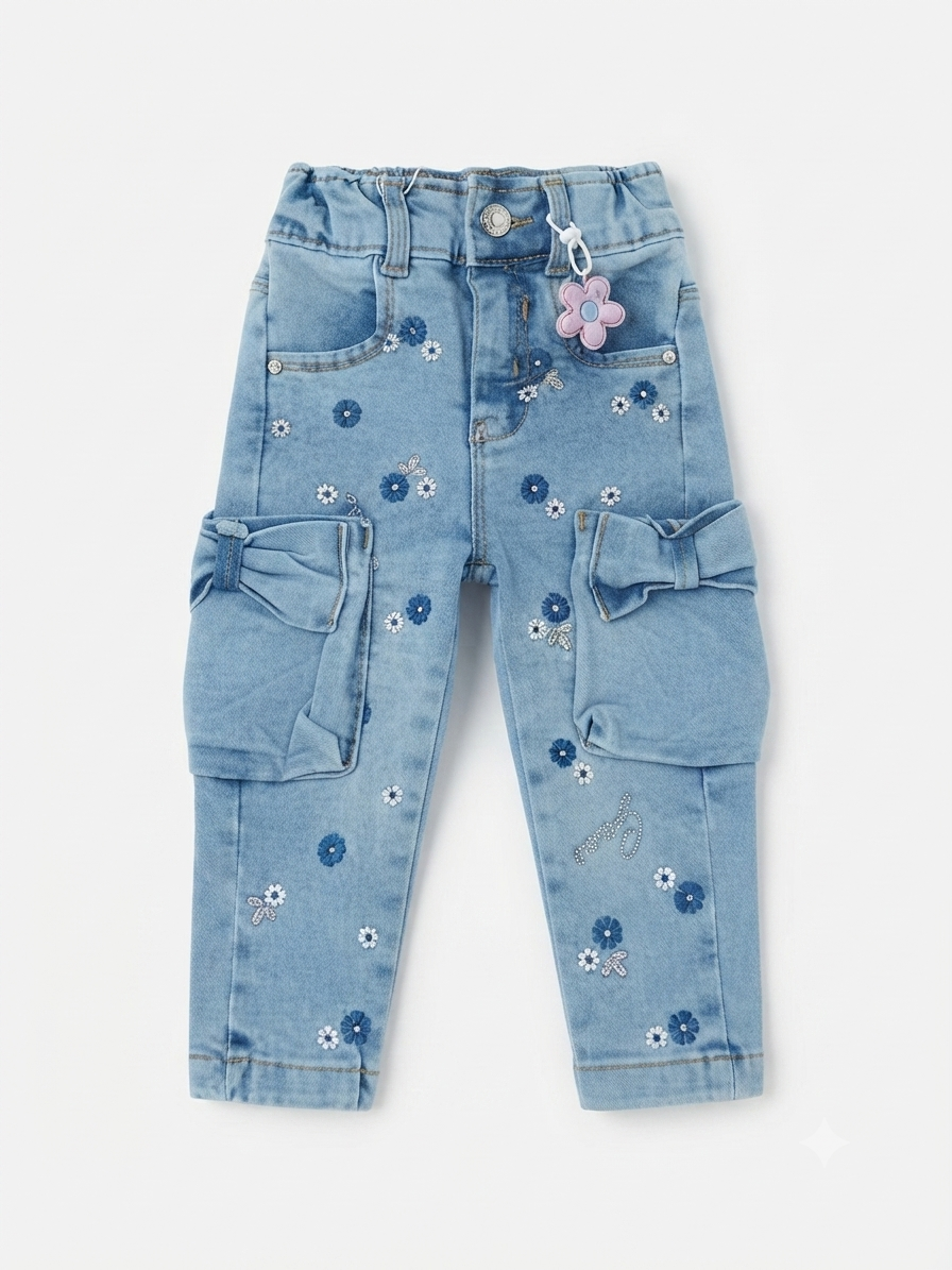Pantalón niña cargo de mezclilla con flores bordadas