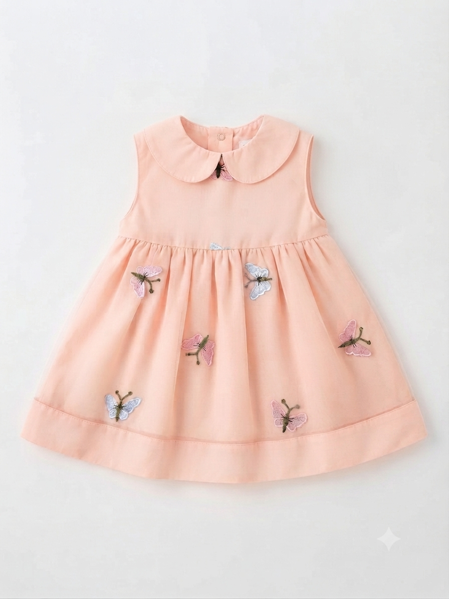 Vestido niña durazno con cuello Peter Pan y mariposas bordadas