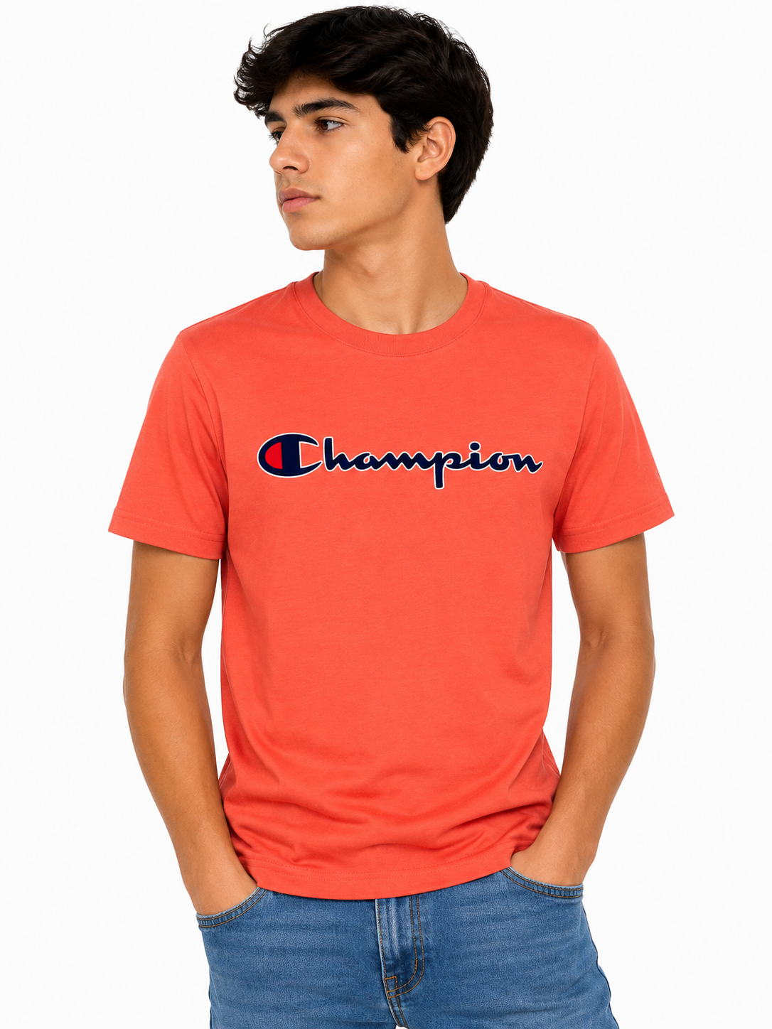 Playera niño cuello redondo color coral con logo Champion