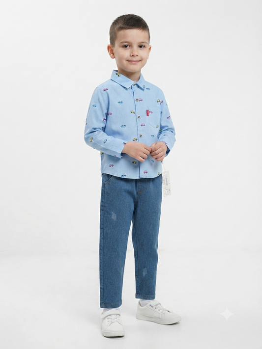 Set niño camisa estampada + pantalón de mezclilla