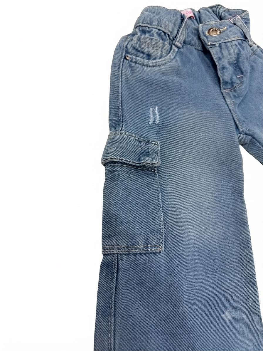 Pantalón Niña cargo mezclilla azul claro
