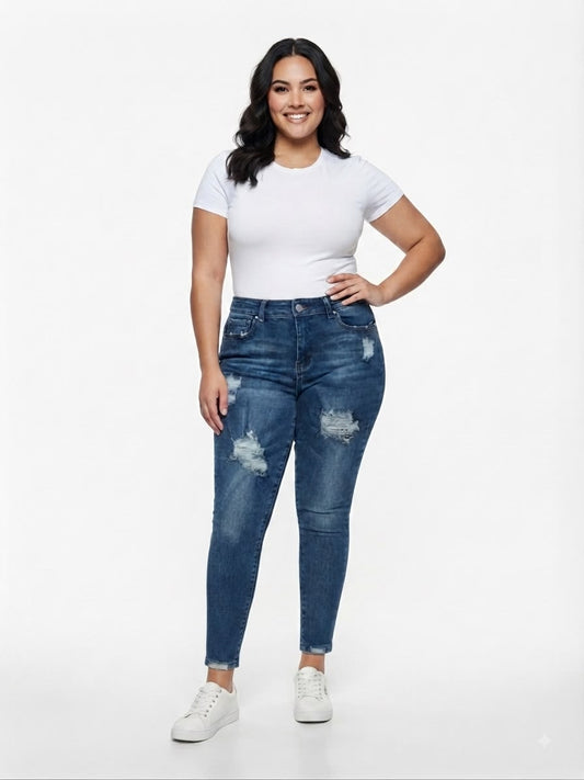 Pantalón Dama de Mezclilla Ajustado con Desgastes y Dobladillo Deshilachado