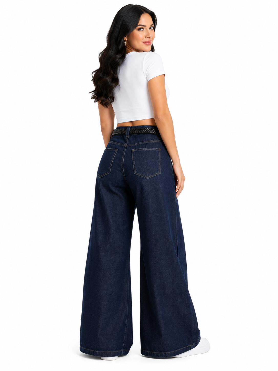 Pantalón dama mezclilla palazzo tiro alto con cinturón