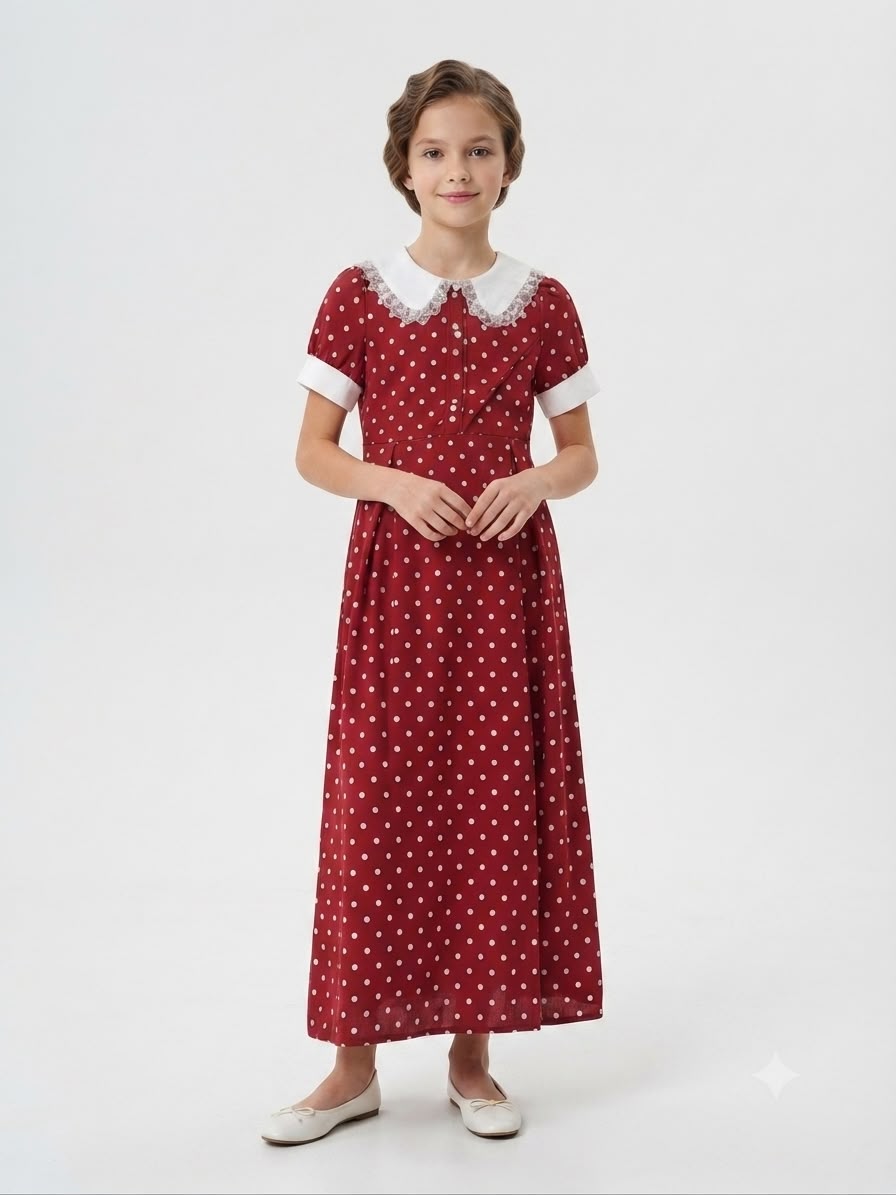 Vestido niña largo color vino con estampado de lunares, cuello Peter Pan y detalles de encaje