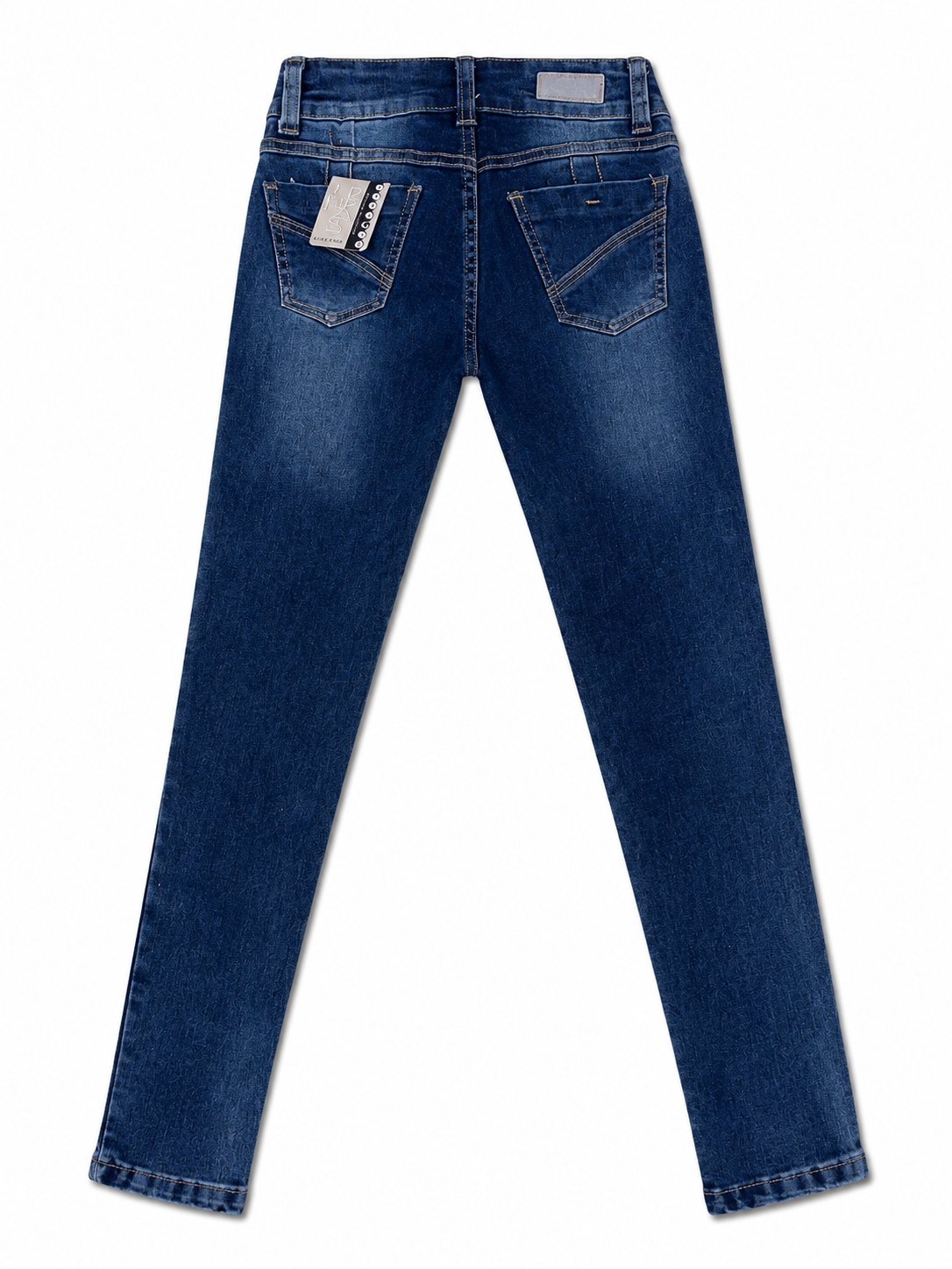 Pantalón niña de mezclilla azul con detalles rosa y corte skinny