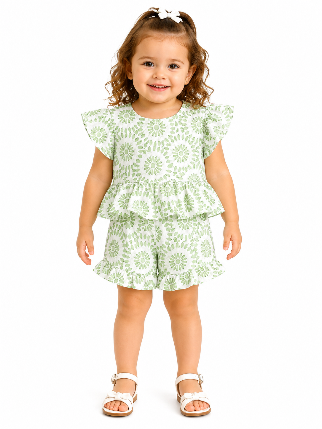 Set niña blusa y short estampado verde con Olanes