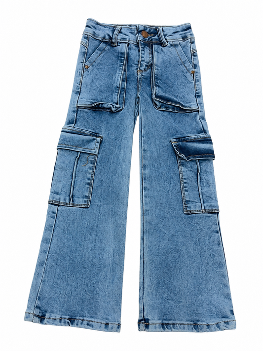 Pantalón niña mezclilla cargo wide leg 4 bolsas