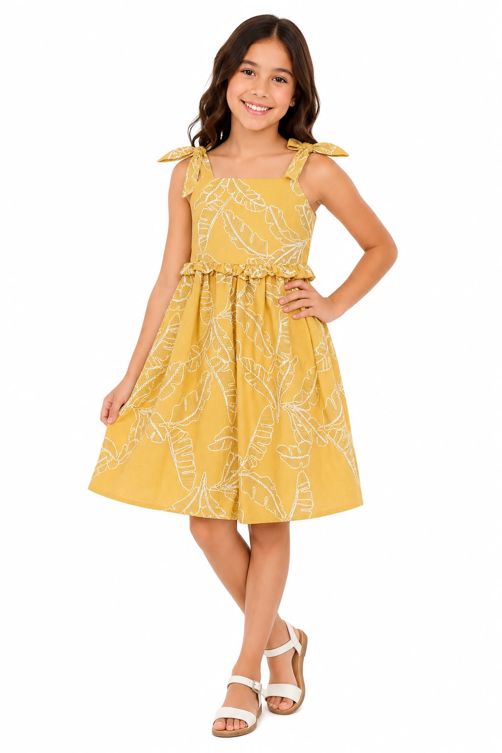 Vestido niña mostaza con estampado de hojas