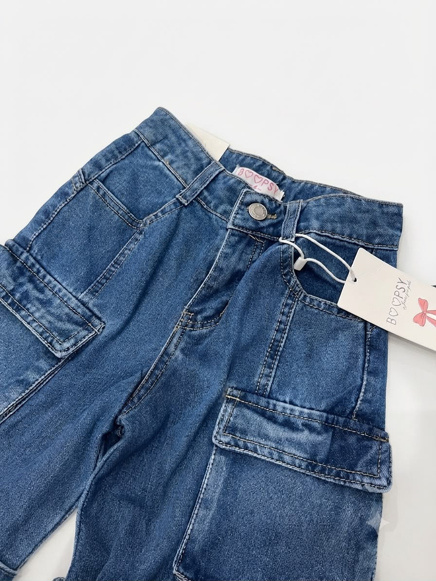 Pantalón niña cargo wide leg de mezclilla con bolsillos