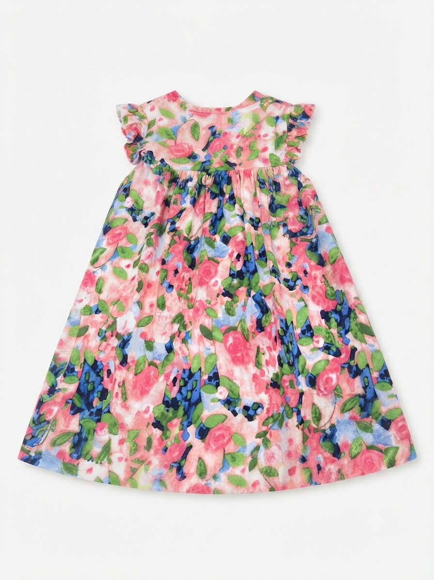 Vestido niña floral multicolor con mangas de olanes