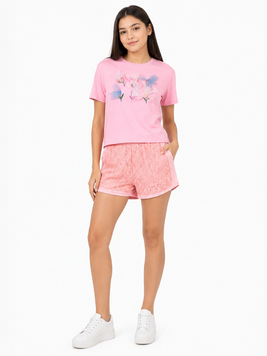 Set niña playera y short de encaje