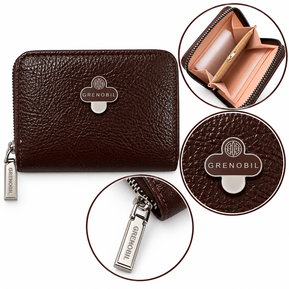 Cartera dama compacta con cierre y detalles metálicos ✨