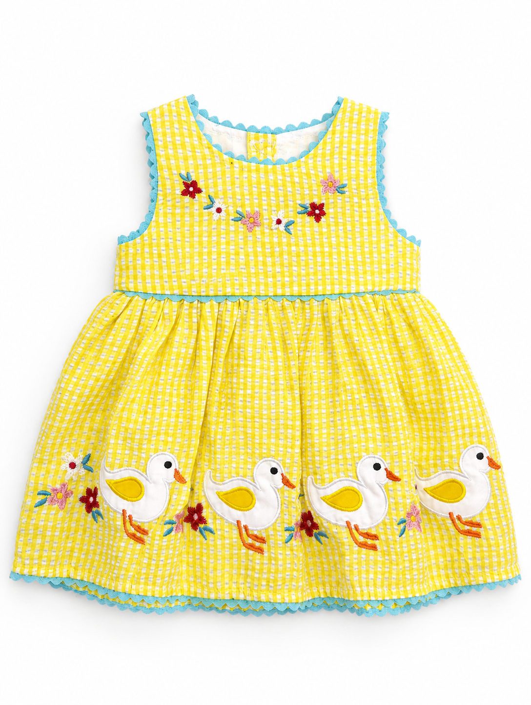 Vestido niña meses amarillo a cuadros con patitos bordados