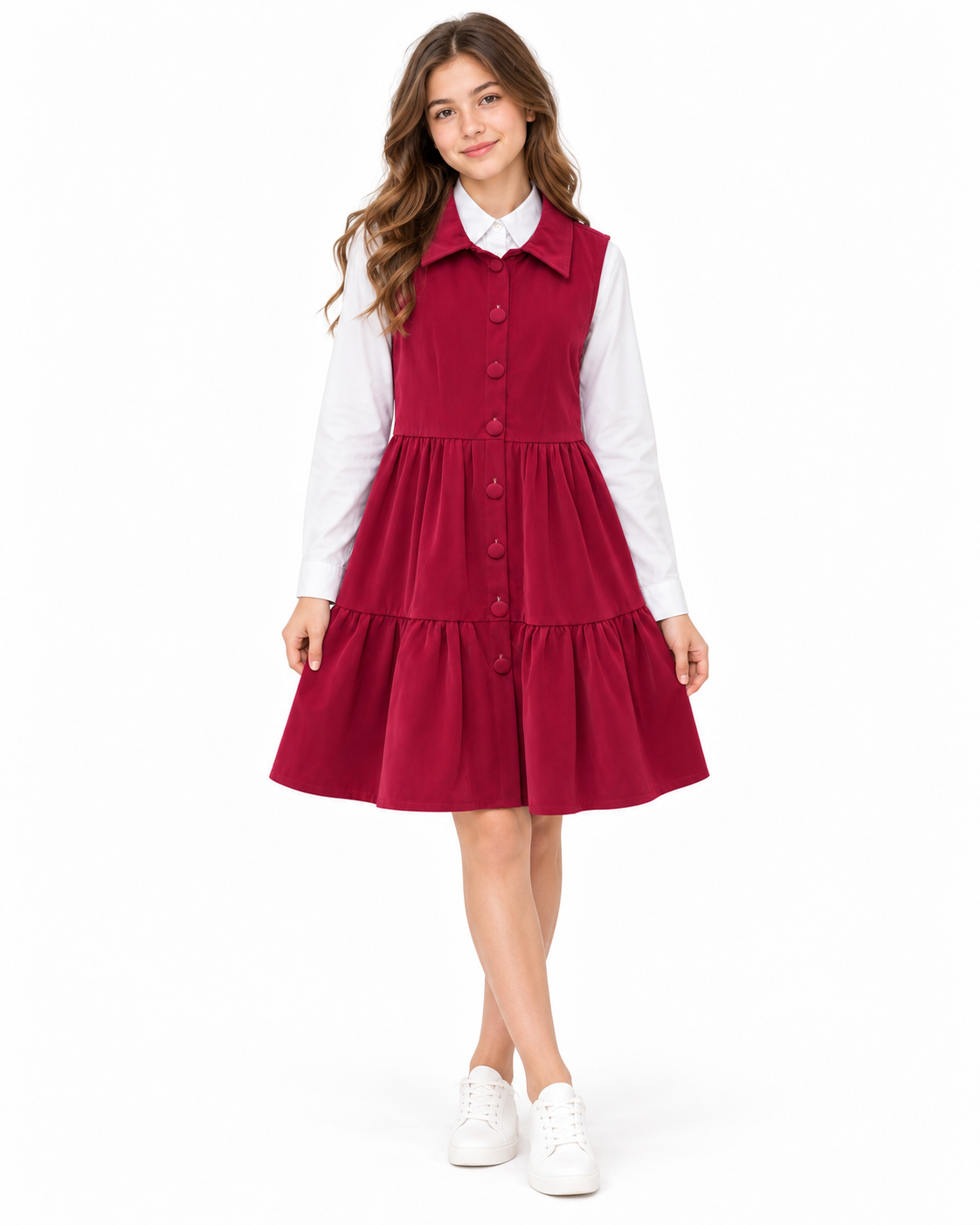Set niña con vestido vino y blusa blanca 🤍🍷