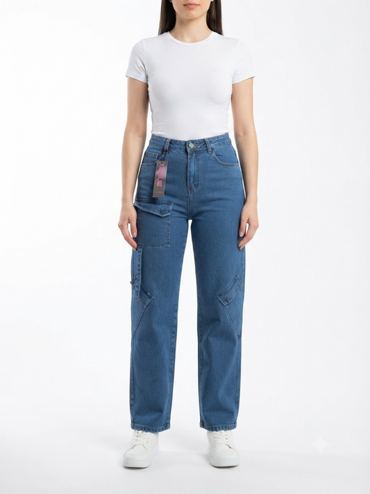Pantalón dama mezclilla cargo de pierna recta