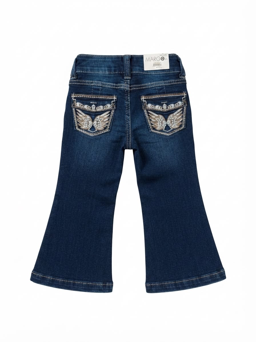 Pantalón niña acampanado de mezclilla bolsillos de mariposa