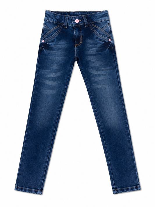 Pantalón niña de mezclilla azul con detalles rosa y corte skinny