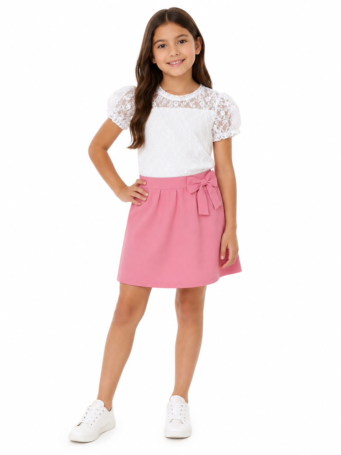 Set niña con blusa de encaje y falda rosa