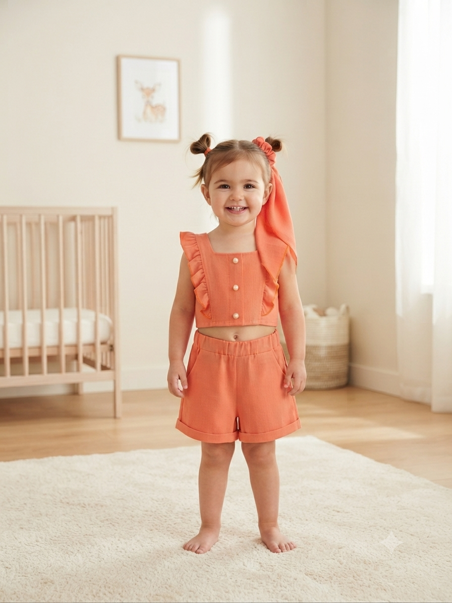 Set niña naranja con top de olanes, short y accesorio