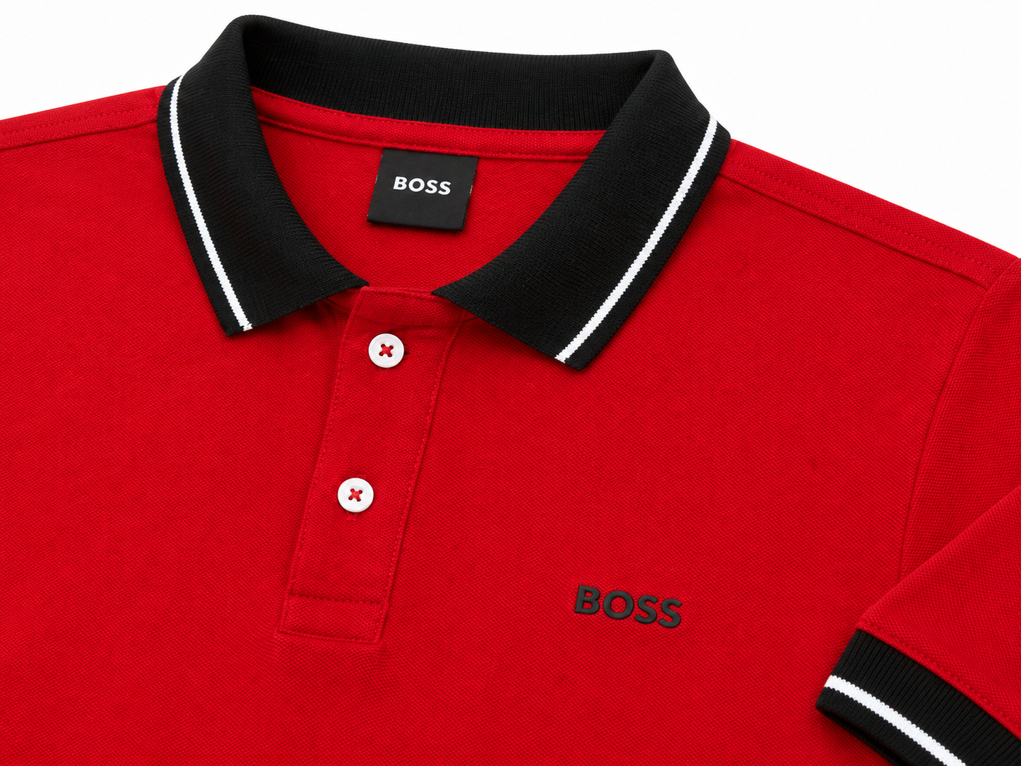 Playera Caballero Tipo Polo B@SS Roja con Cuello Negro y Líneas Blancas