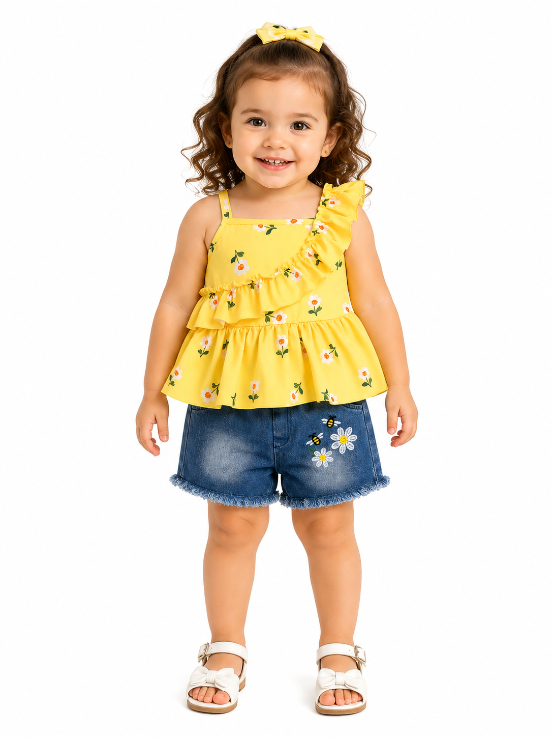 Set niña blusa amarilla con short de mezclilla