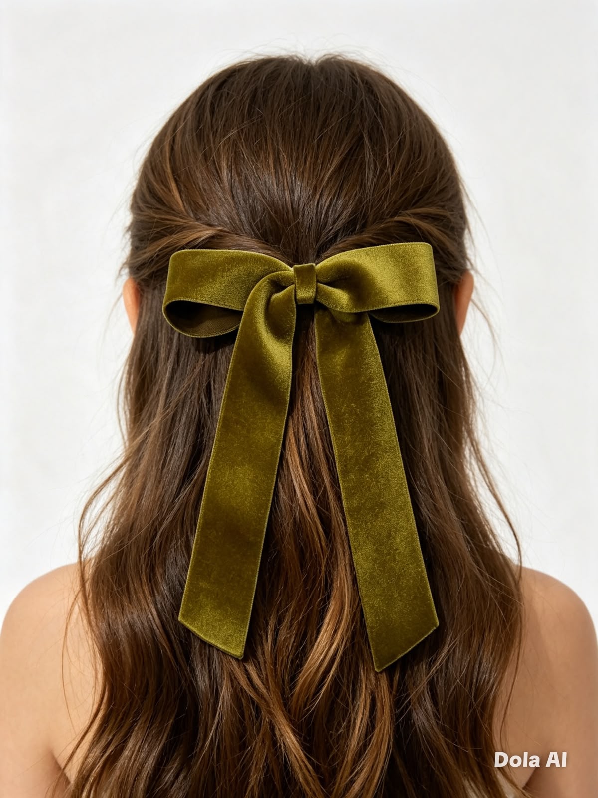 Moño niña verde olivo de terciopelo con tiras largas 🎀💚