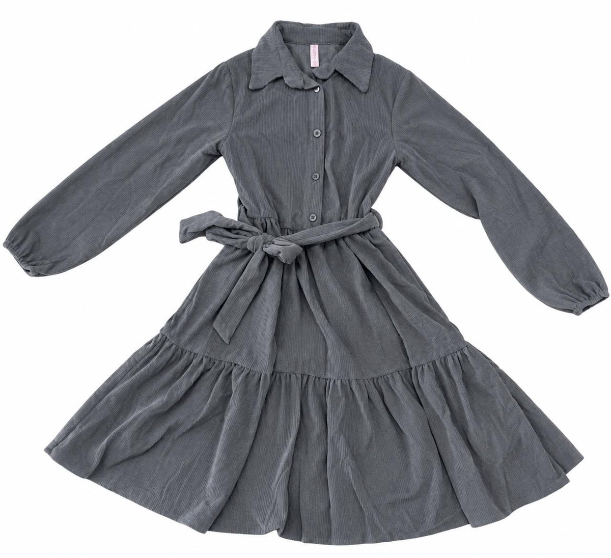 Vestido niña camisero gris con cinturón y olanes 🎀