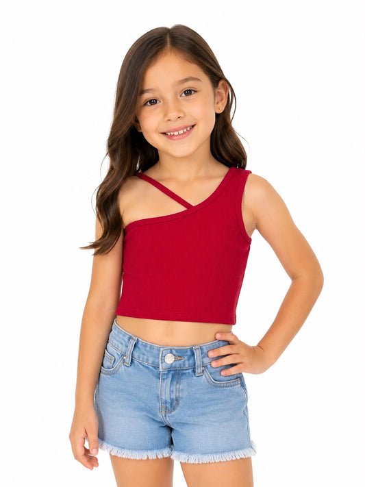 Blusa niña de un hombro roja acanalada