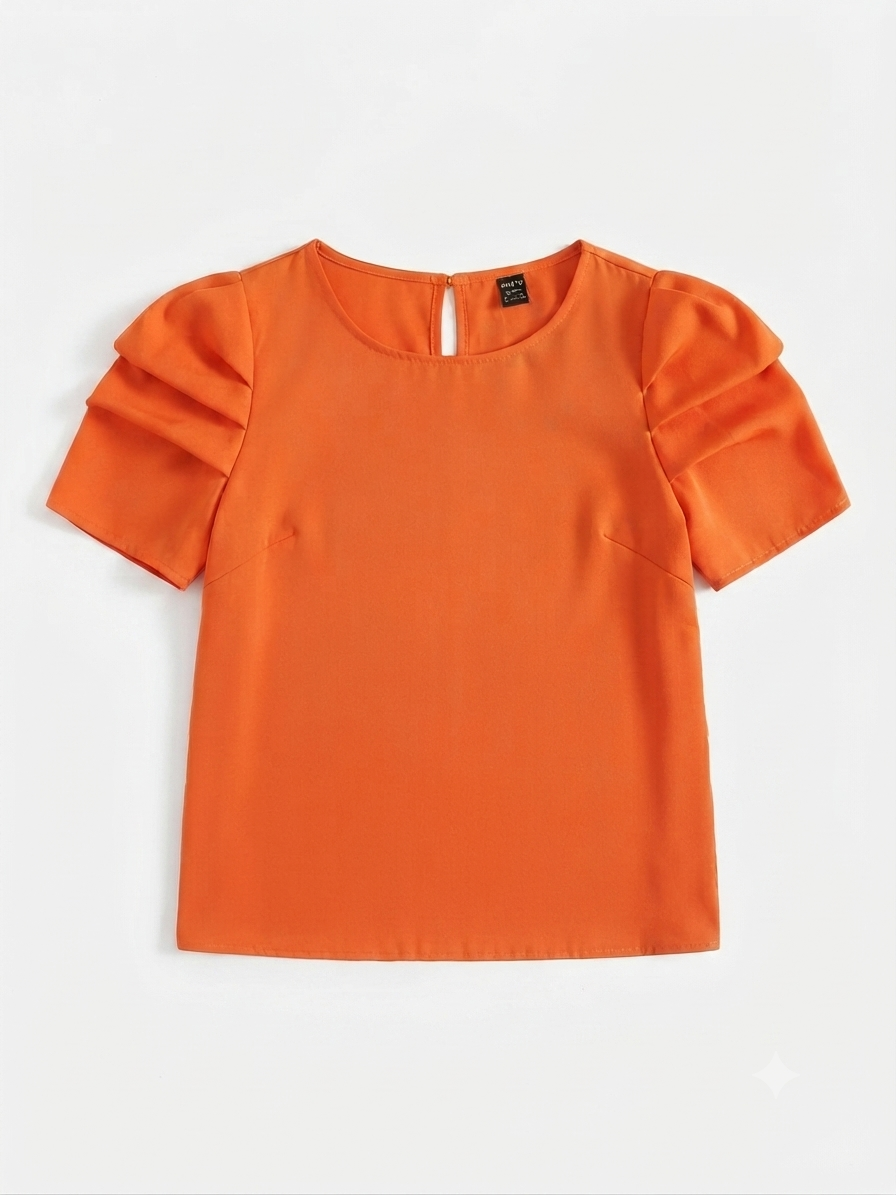 Blusa Dama OFERTA Manga Abullonada Cuello Redondo Color Naranja