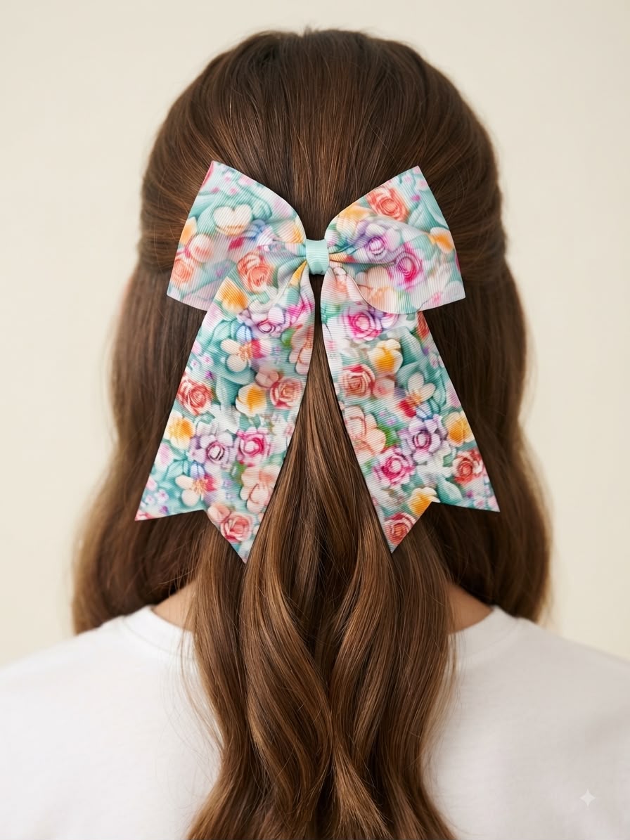 Moño niña floral multicolor con tiras largas