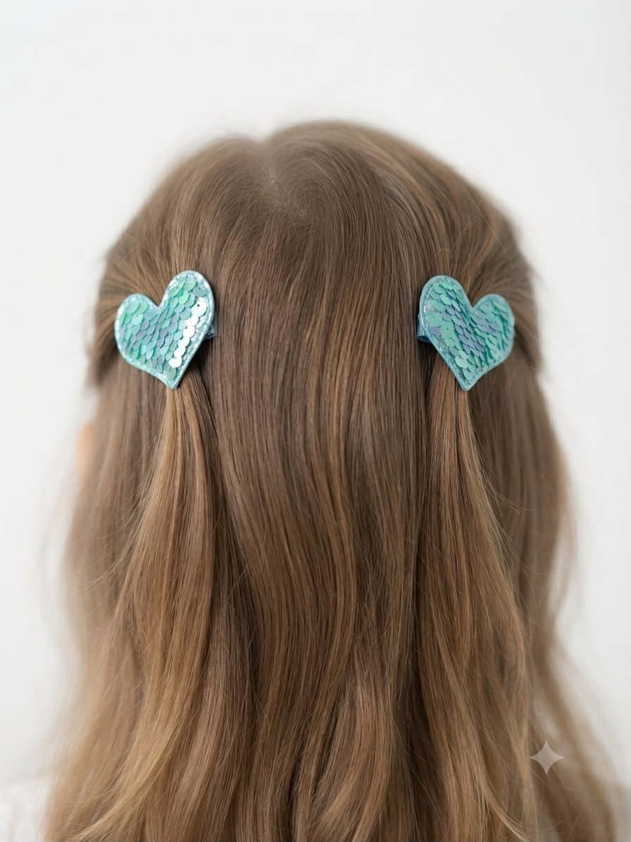 Moño Par Niña Corazón Azul con Lentejuelas