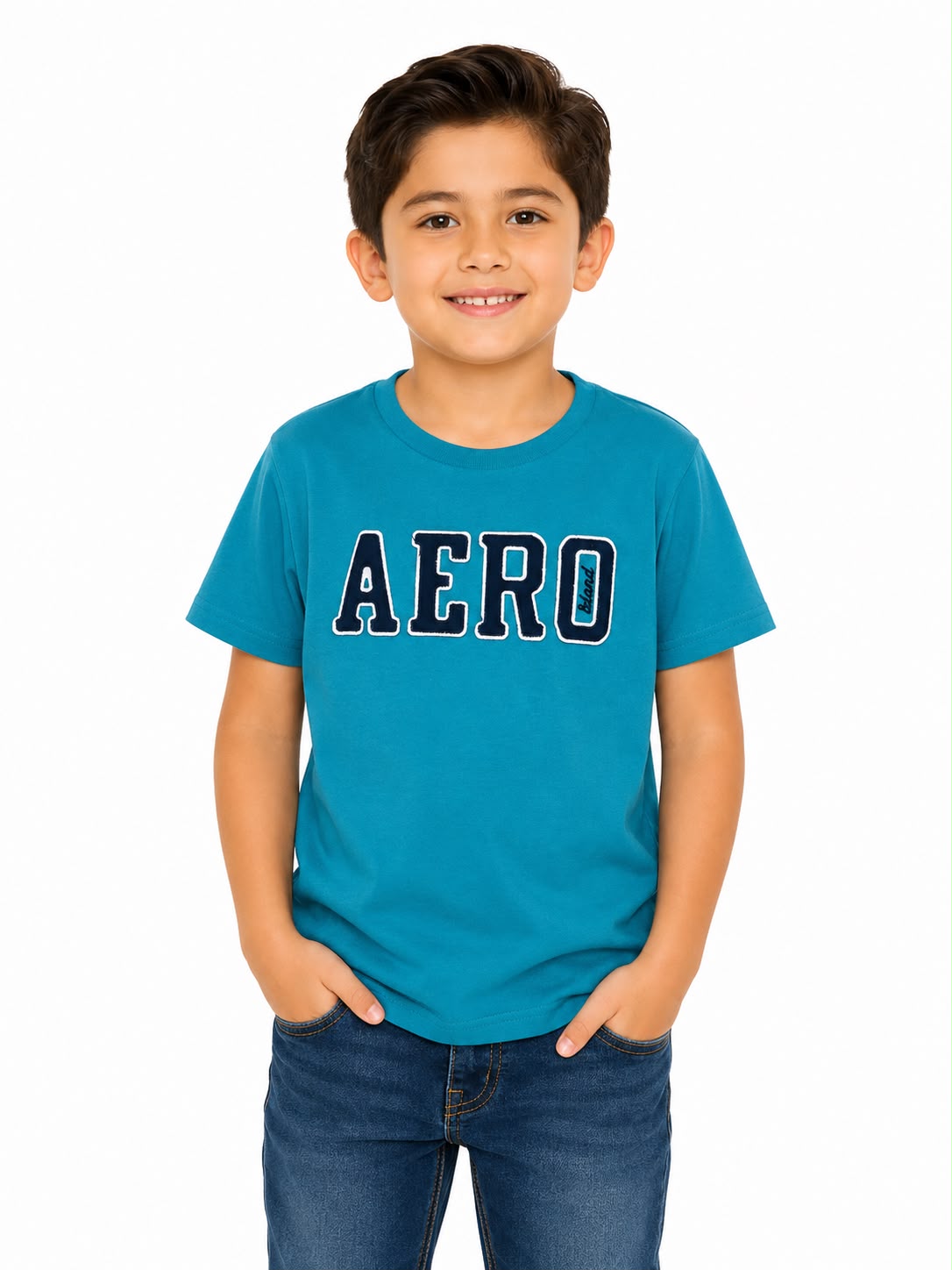 Playera niño cuello redondo estampado bordado color turquesa