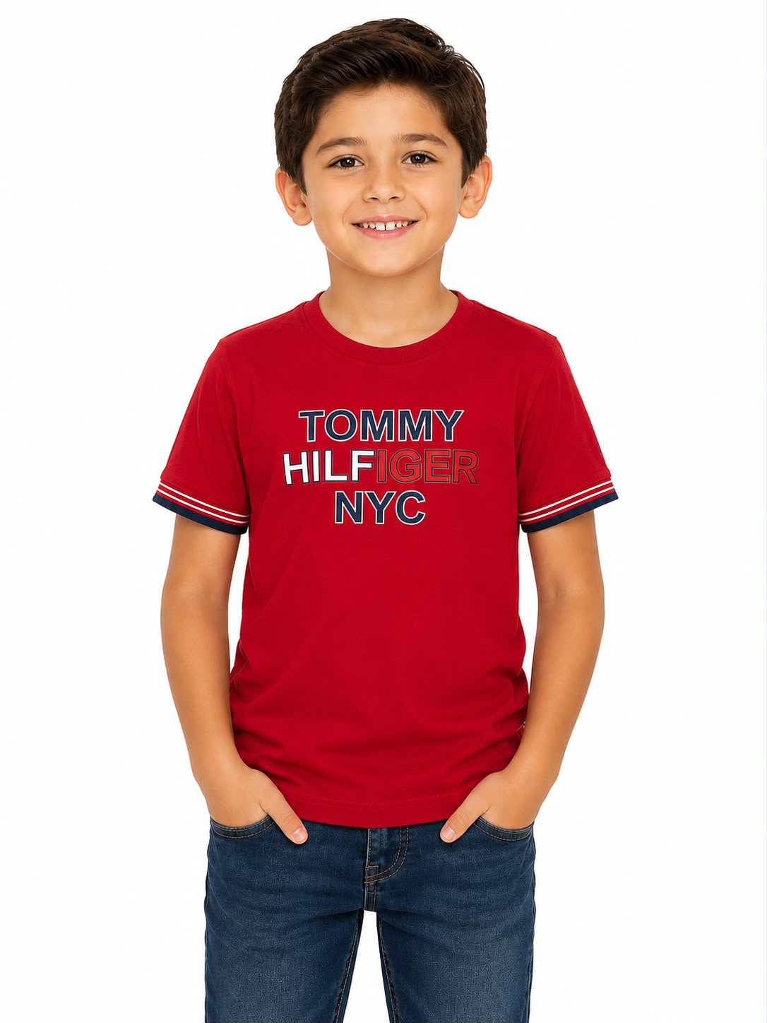 Playera niño cuello redondo color rojo con estampado frontal