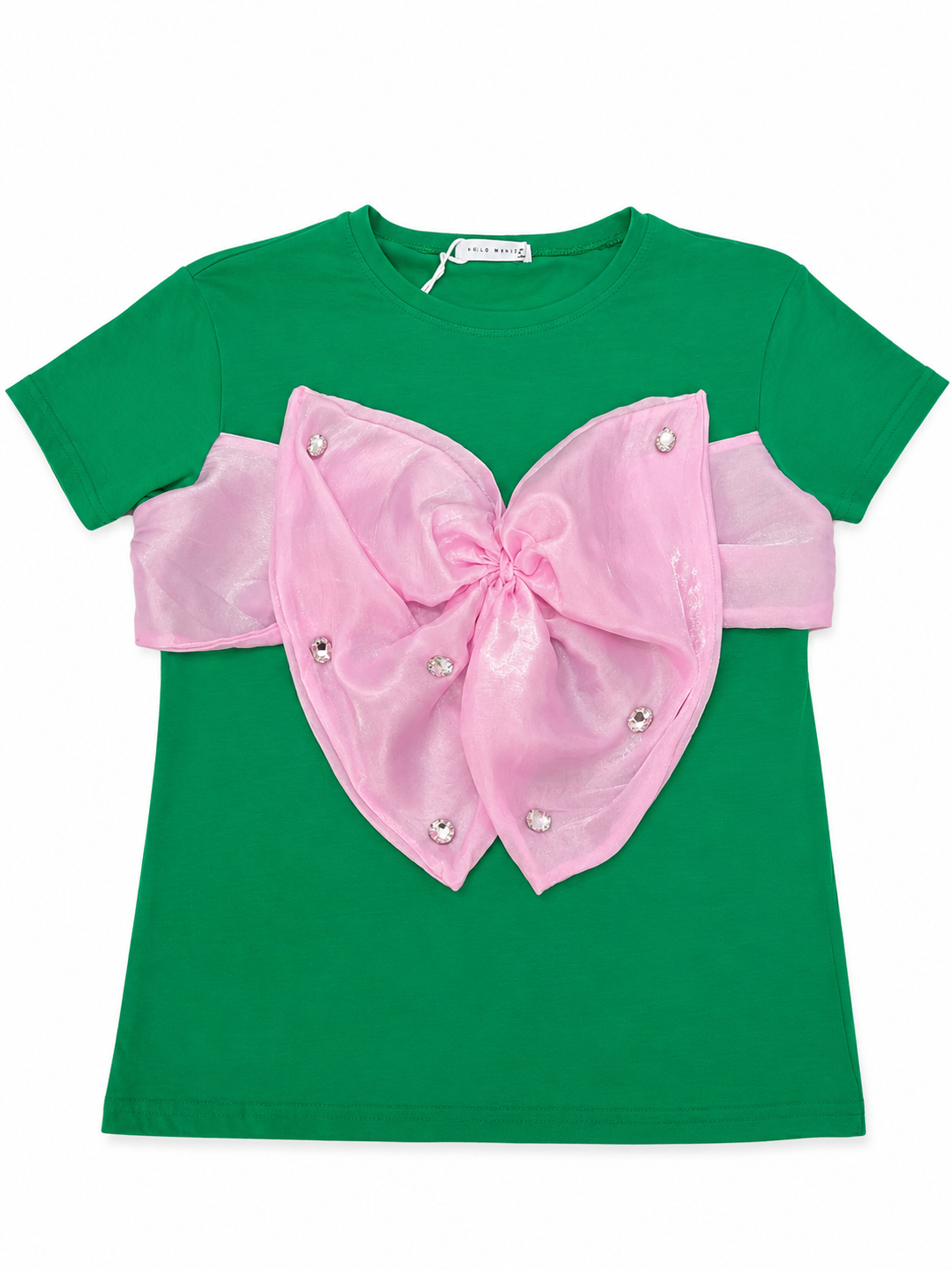 Blusa dama OFERTA  manga corta con moño maxi de organza y aplicaciones brillantes