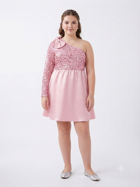 Vestido niña de un hombro con lentejuelas y moño decorativo
