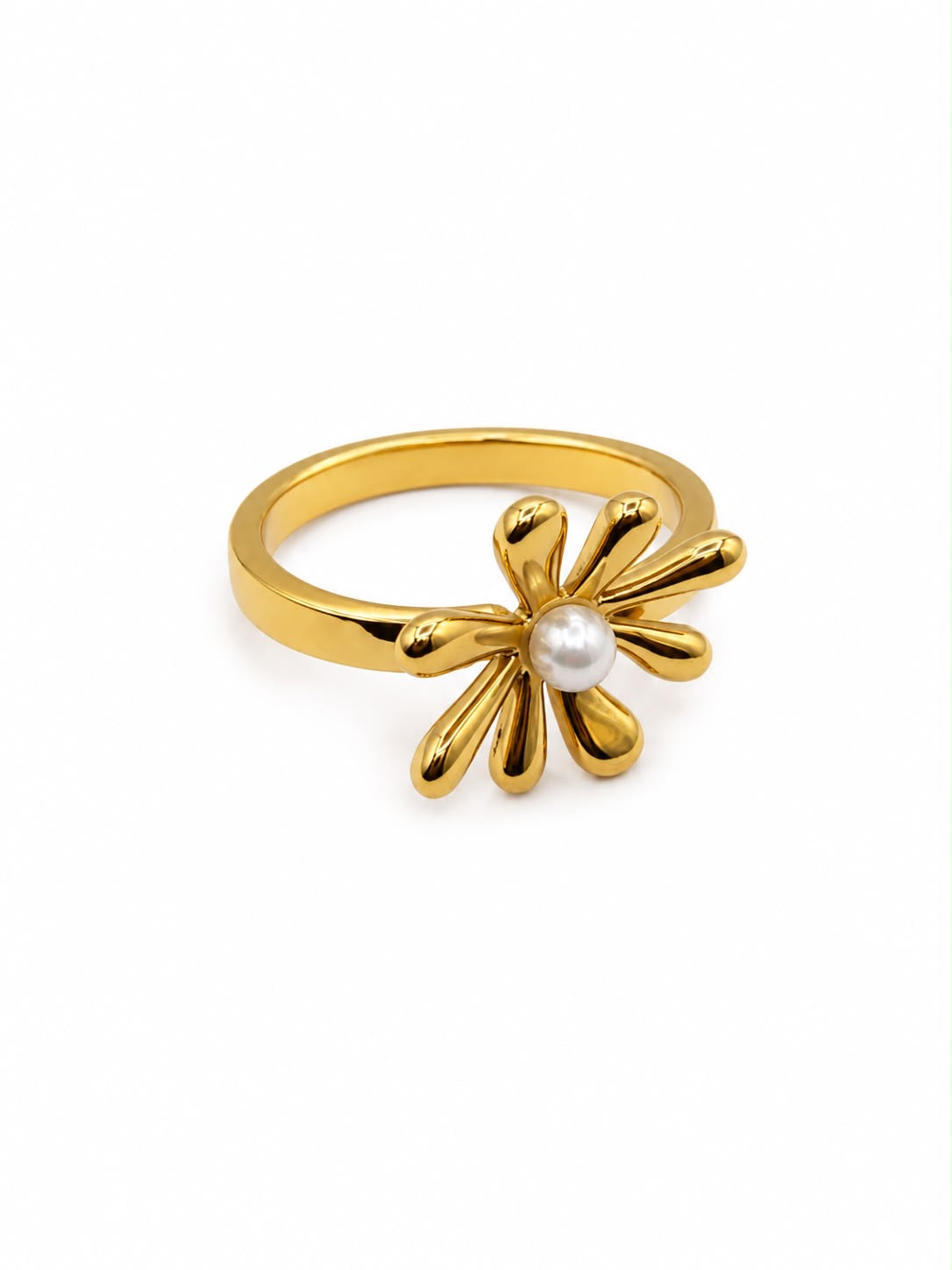 Anillo Dama dorado diseño floral con perla ✨