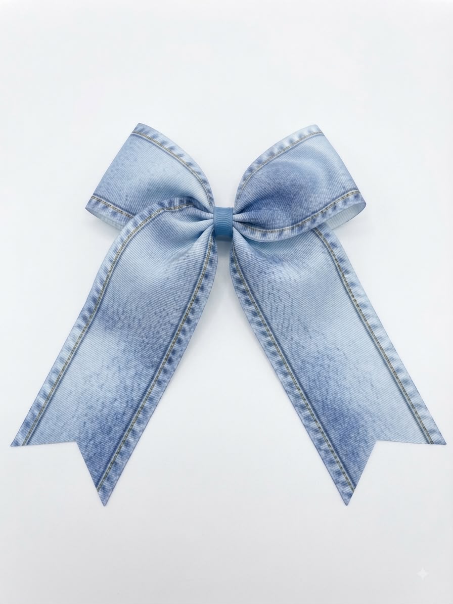Moño niña efecto mezclilla azul claro con tiras largas