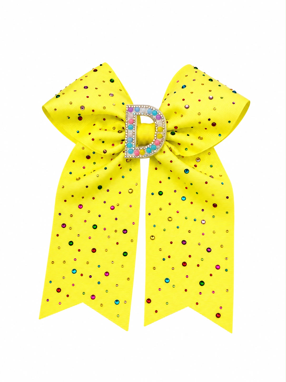 Moño niña amarillo con pedrería multicolor y letra D