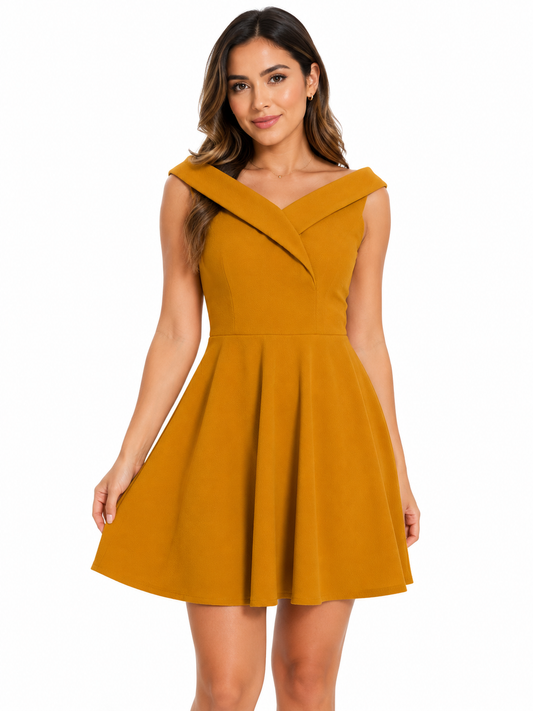 Vestido Dama OFERTA Color Mostaza | Escote Cruzado | Corte Acampanado