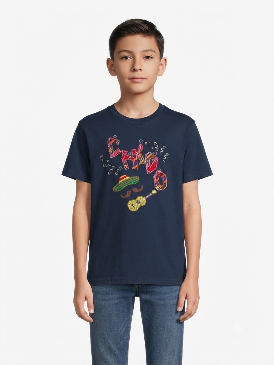 Playera niño cuello redondo color azul marino estampado mexicano