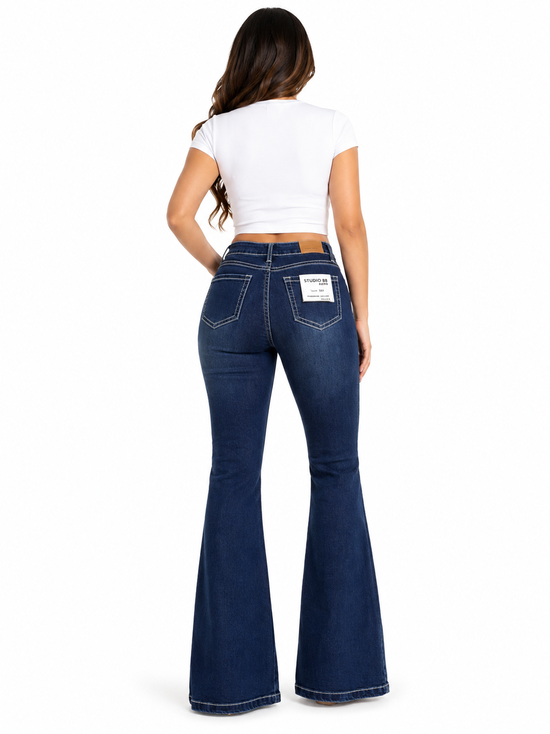 Pantalón dama mezclilla acampanado de tiro alto