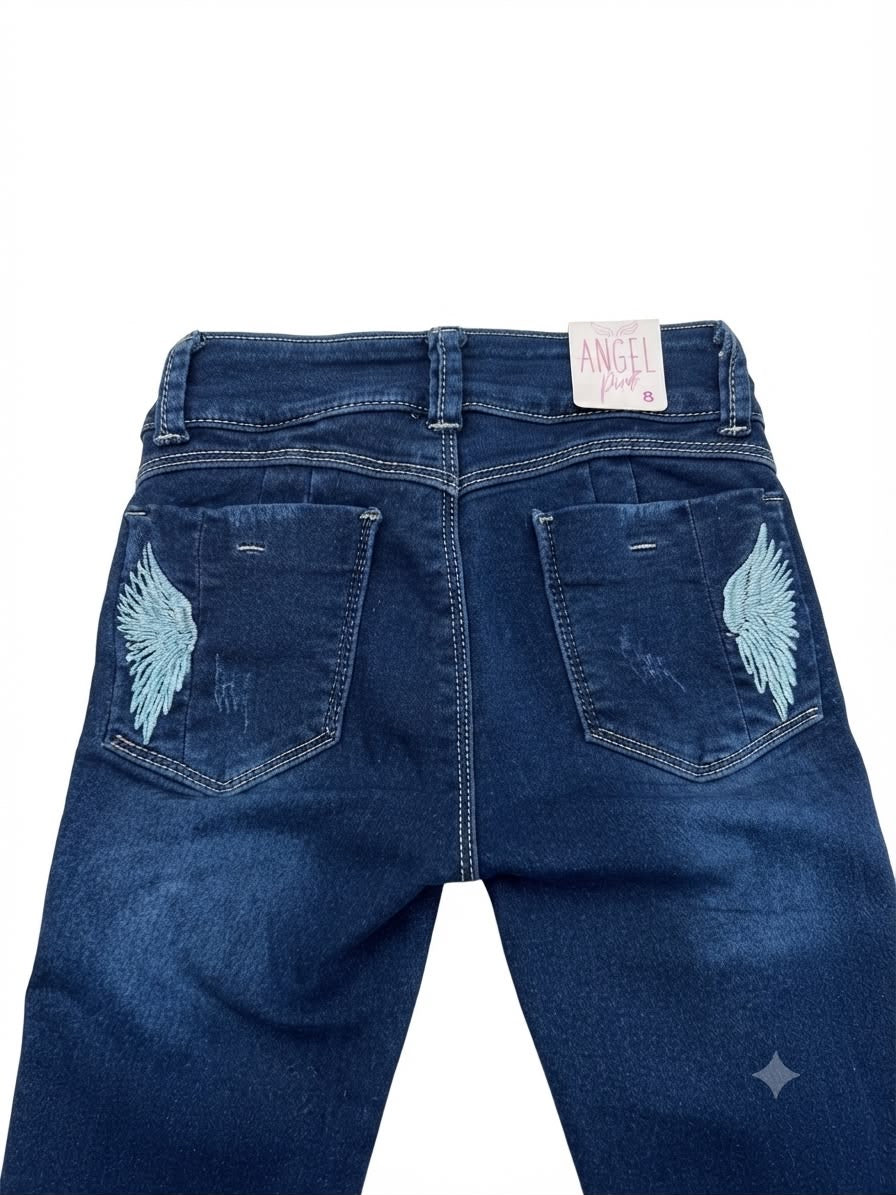 Pantalón niña skinny mezclilla con bordado de alas atrás
