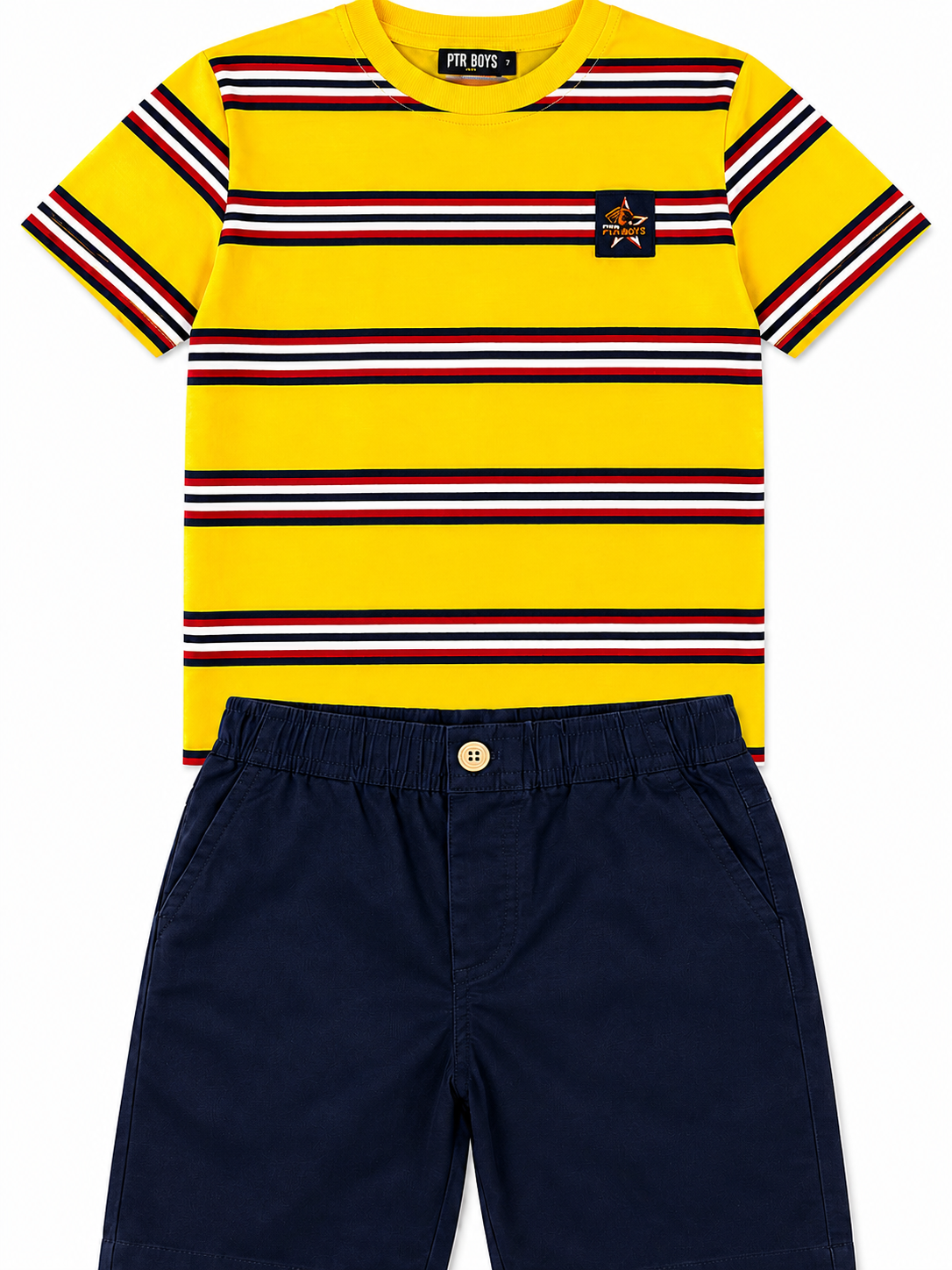 Set niño playera amarilla a rayas y short azul marino