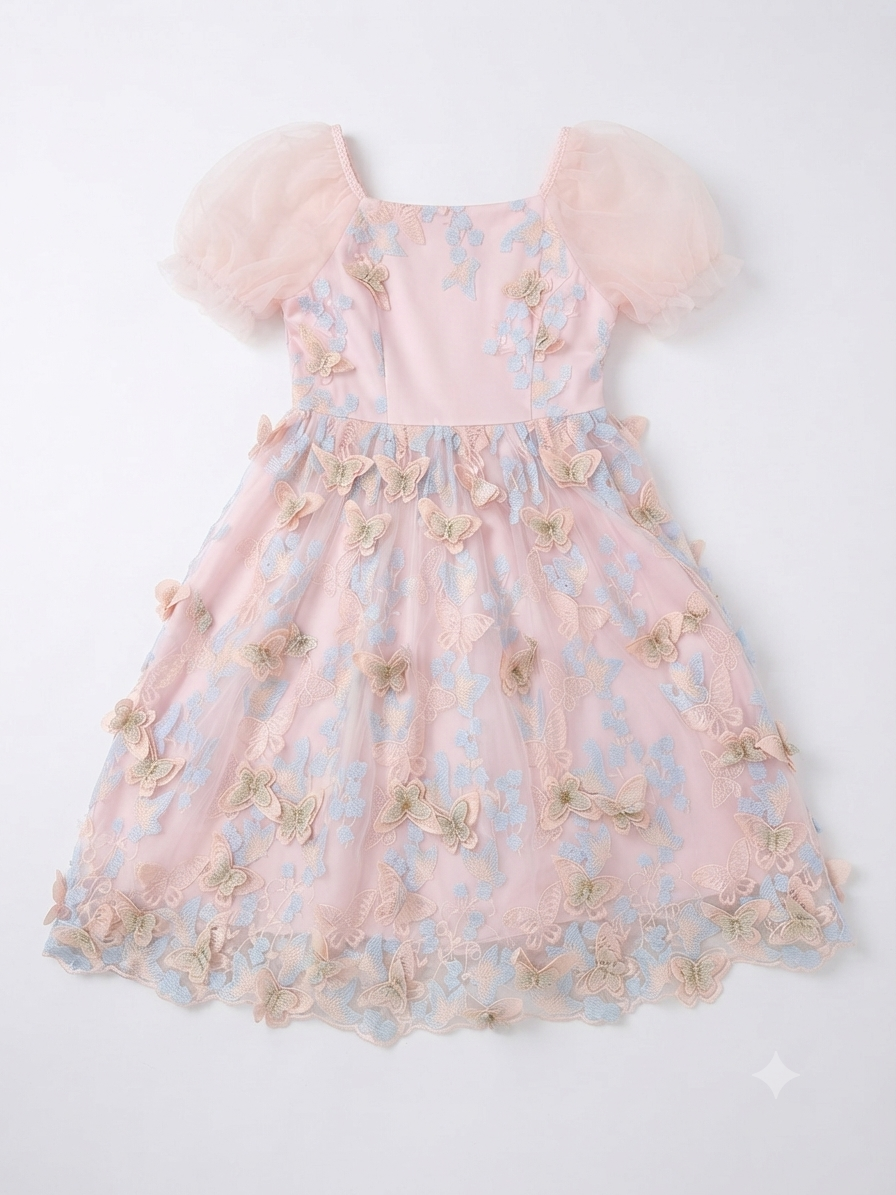 Vestido niña de tul con mariposas bordadas y mangas de tul