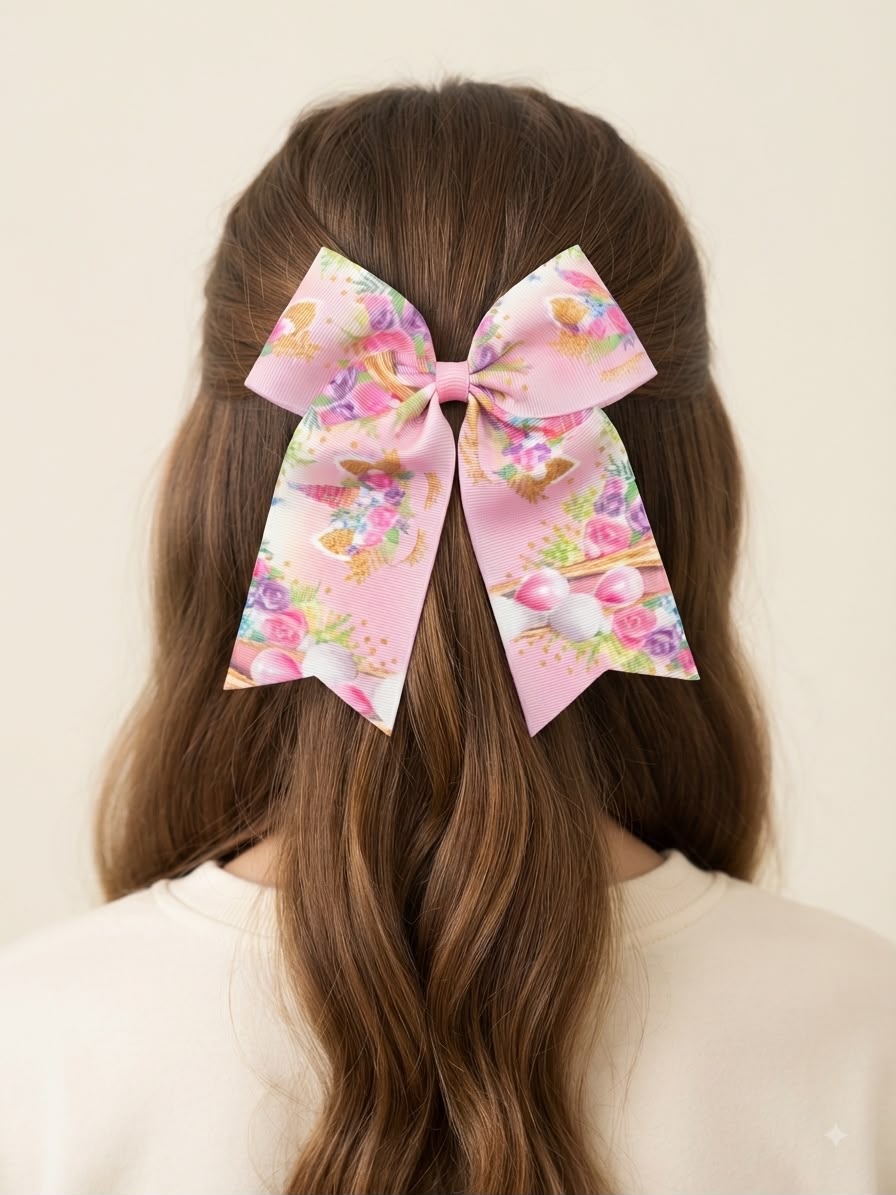 Moño niña rosa con estampado de unicornio y flores