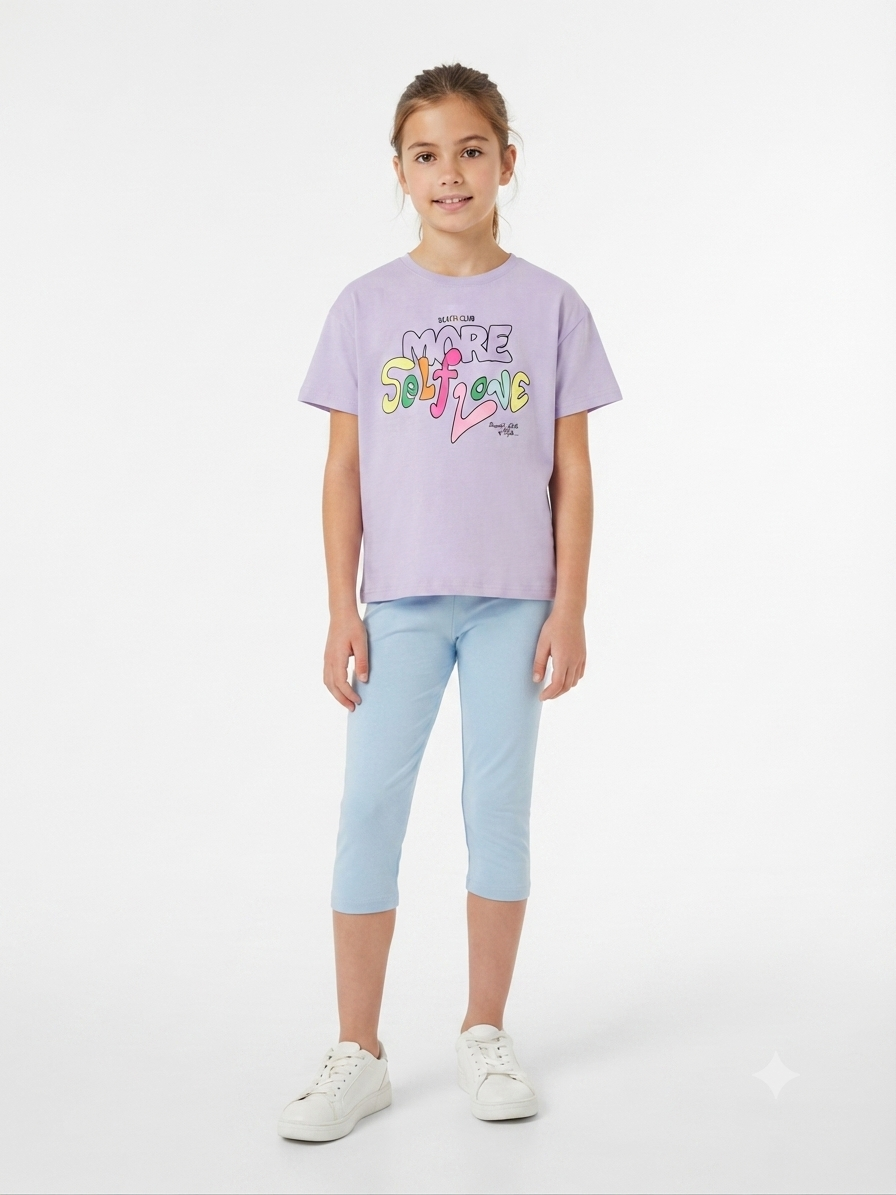 Set niña playera lila con leggings azul cielo