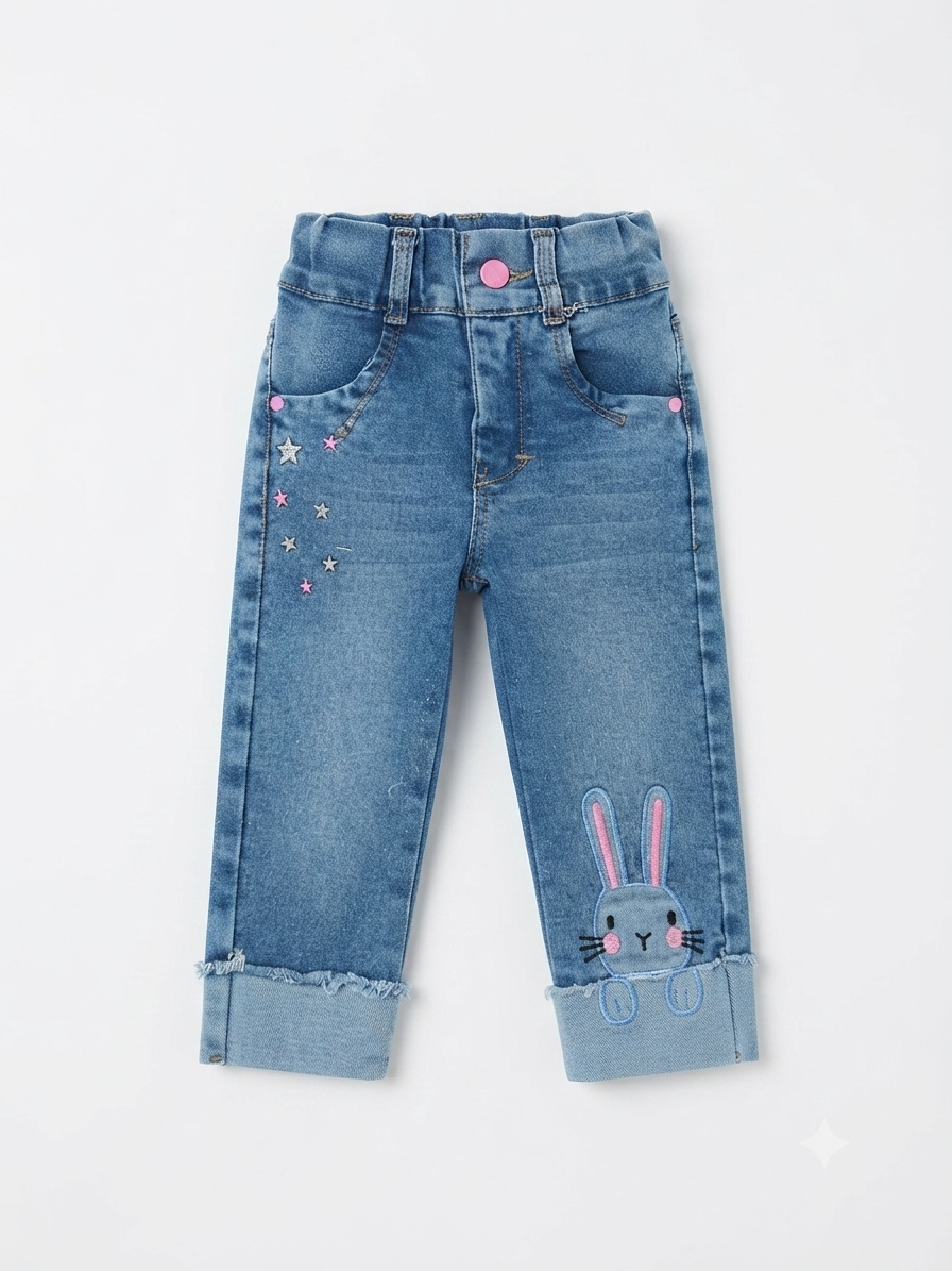 Pantalón niña de mezclilla con bordado de conejito