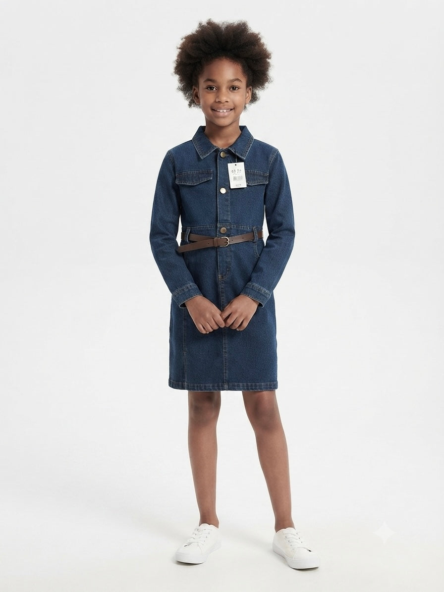 Vestido niña de mezclilla con cinturón – Estilo casual y moderno