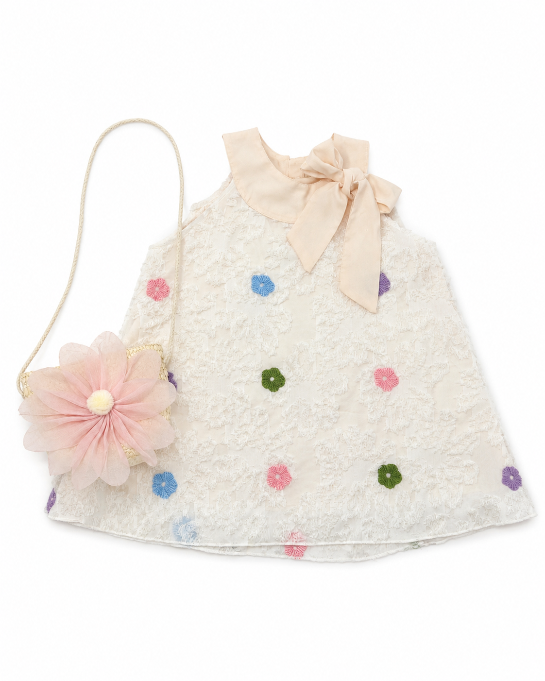 Vestido niña meses color crema con flores y bolsita