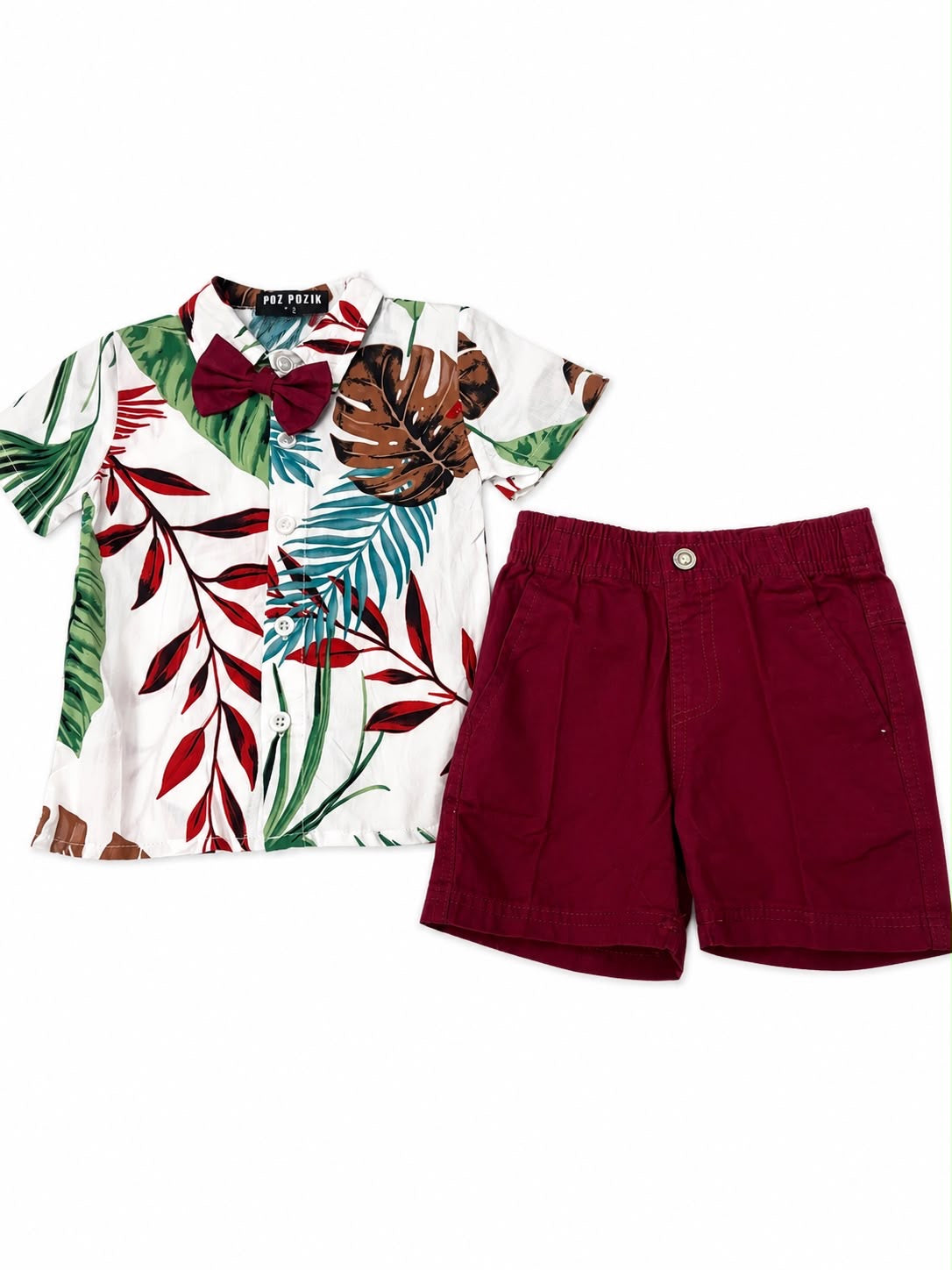 Set niño camisa tropical con moño y short vino